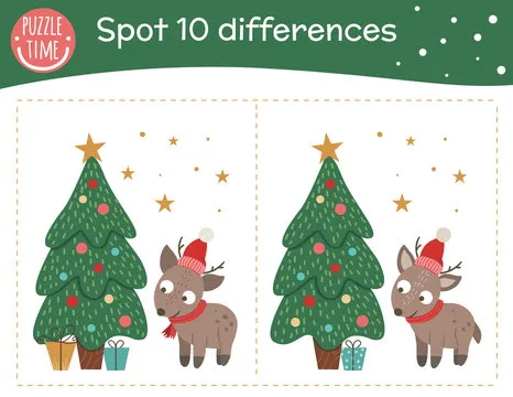 Christmas find differences game for children. Holyday festive preschool activity with little deer and fir tree. New Year puzzle with animal. Cute funny smiling characters..