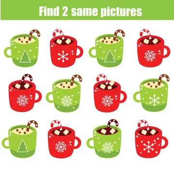 children educational game. Find two same pictures. Find identic mugs. New Year theme activity for kids and toddlers