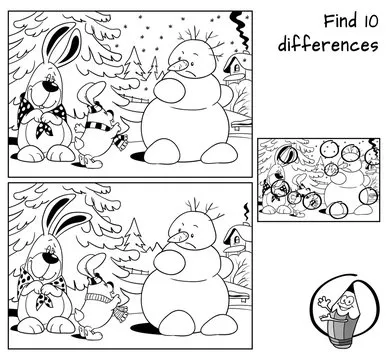 Snowman and two rabbits. Find 10 differences. Educational matching game for children. Black and white cartoon vector illustration