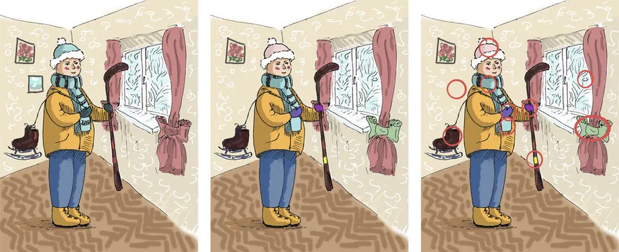 Cartoon hockey player. Cute kid in the room with hockey stick. Winter sport illustration for children. Cute colored illustration for book for finding 10 differences. 10 differences game with answers.