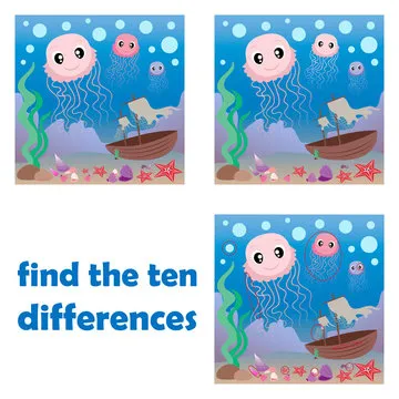 Find differences. Jellyfish, shells and starfish. Cartoon sea inhabitants. Underwater world. Vector illustration for children.