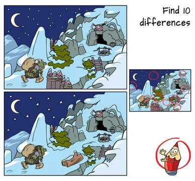Mountain troll going home to the cave. Find 10 differences. Educational game for children. Cartoon vector illustration