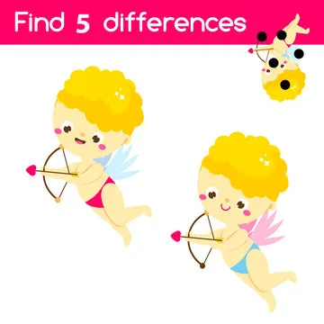 Find the differences. Educational children game. Kids activity. cute Cupid boy. St Valentines day theme fun for toddlers
