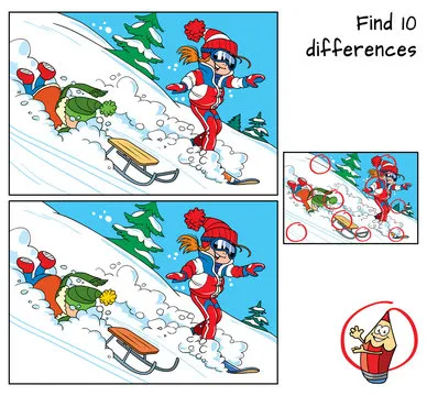 Winter holidays. Little girl is snowboarding and little boy is sledding . Find 10 differences. Educational matching game for children. Cartoon vector illustration