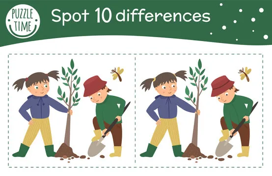 Spring find differences game for children. Garden preschool activity with girl and boy planting tree. Puzzle with cute funny smiling characters..