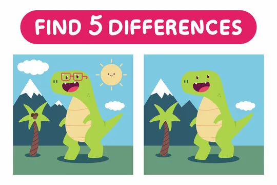Find five differences.  Education game with cute dinosaurs vector cartoon illustration.