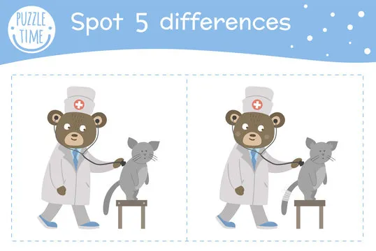 Medical find differences game for children. Medicine preschool activity with doctor examining patients lungs. Puzzle with cute funny smiling characters..
