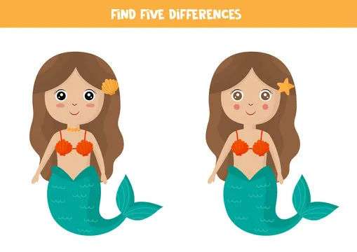 Find five differences between cute cartoon mermaid.
