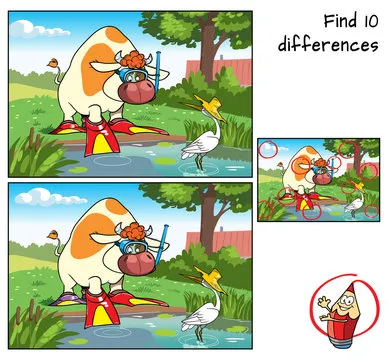 Bull wishing to go diving in a rustic pond. Find 10 differences. Educational game for children. Cartoon vector illustration
