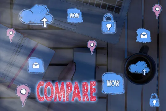 Writing note showing Compare. Business concept for Estimate Measure Note the similarities dissimilarities between