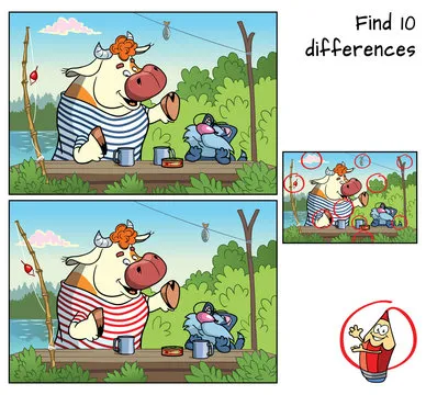 Bull and cat after fishing. Find 10 differences. Educational game for children. Cartoon vector illustration
