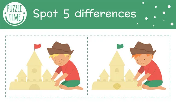 Summer find differences game for children. Beach holiday preschool activity with boy building sandcastle. Printable worksheet with cute funny smiling characters..