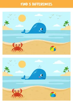 Cute cartoon summer seascape with whale, crab and toy ball.