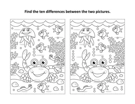 Find ten differences underwater visual puzzle and coloring page, crab, sea life, black and white, suitable both for kids and adults