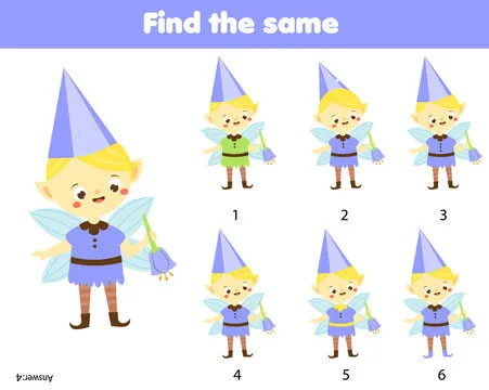 children educational game. Find the same pictures of garden elf. fun for kids and toddlers
