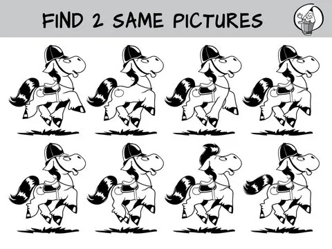 Cute little horse. Find two the same pictures. Educational matching game for children. Black and white cartoon vector illustration