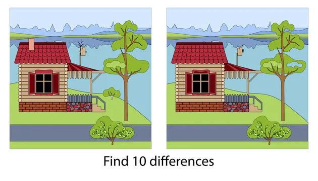 Spot the 10 differences Vector cartoon landscape with a wooden house, tree, river, sky, tiled roof, with a porch and a veranda, window.  On the roof is a birdhouse birdhouse. To develop mindfulness.