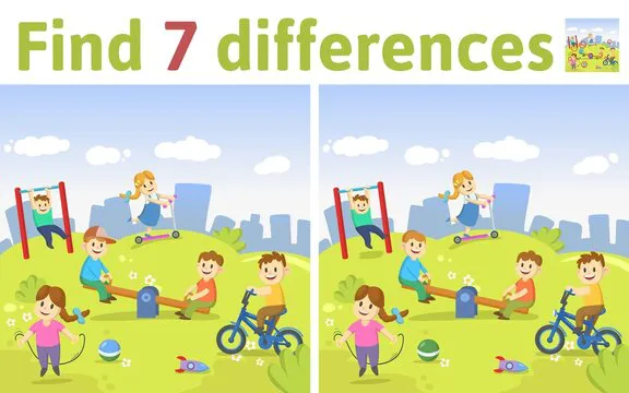 Find the differences in two colored pictures. Children riddle game with kids playing at the plyground. English language educational game sheet. Colorful flat vector illustration.