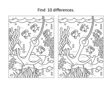 Find ten differences activity page with underwater life scene and anchor