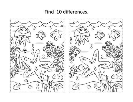 Find ten differences activity page with underwater life scene and starfish