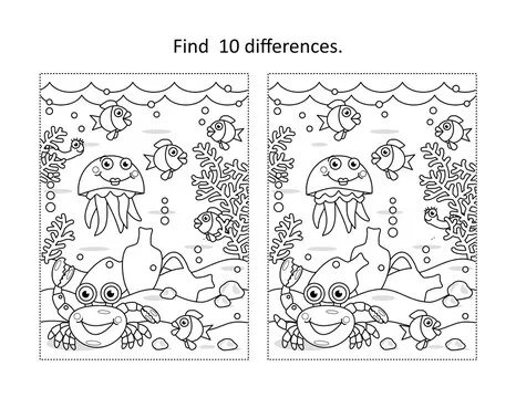 Find ten differences activity page with underwater life scene and amphorae