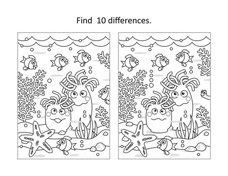 Find ten differences activity page with underwater life scene and anemones