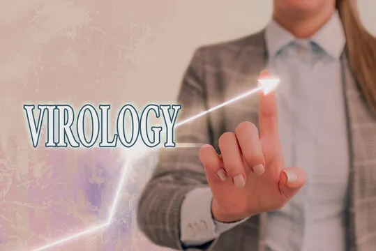 Writing note showing Virology. Business concept for branch of science dealing with the variety of viral agents and disease Arrow symbol going upward showing significant achievement