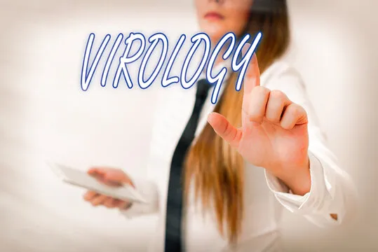 Word writing text Virology. Business photo showcasing branch of science dealing with the variety of viral agents and disease Model with pointing hand finger symbolizing navigation progress growth