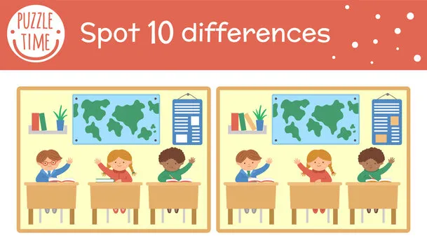Back to school find differences game for children. Educational activity with schoolchildren sitting in classroom. Printable worksheet with cute funny smiling characters. Geography lesson scene.