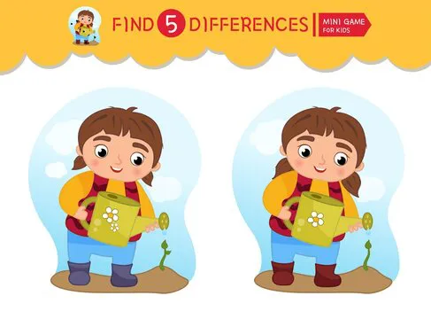 Find differences.  Educational game for children. Cartoon vector illustratio of cute girl watering a sprout.