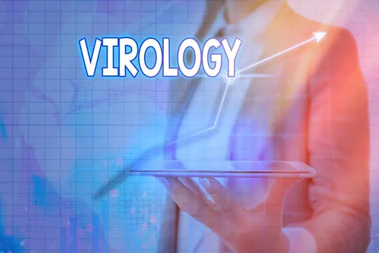 Handwriting text Virology. Conceptual photo branch of science dealing with the variety of viral agents and disease Arrow symbol going upward denoting points showing significant achievement