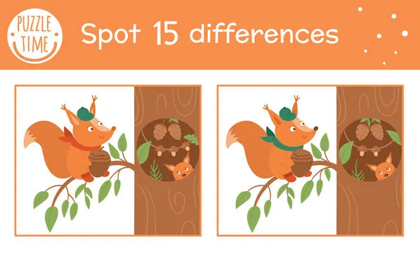 Autumn find differences game for children. Fall season educational activity with squirrel sitting near the tree hollow. Printable worksheet with funny smiling animal. Cute forest scene.