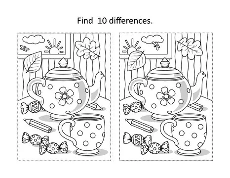 Find 10 differences visual puzzle  and coloring page with cup, teapot, candy