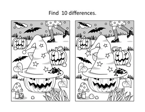 Halloween find 10 differences visual puzzle and coloring page with little witch chasing her hat, pumpkins, bats, spider