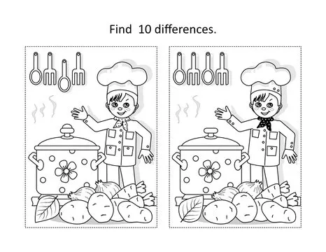 Find 10 differences visual puzzle and coloring page with little chef. Suitable for Thanksgiving Day holiday celebration fun activities.