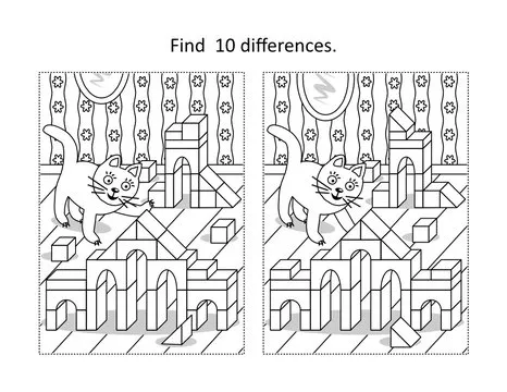 Find 10 differences visual puzzle and coloring page with playful cat and building blocks