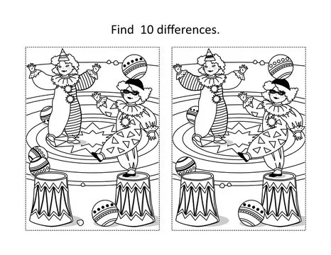 Find 10 differences visual puzzle and coloring page with two little clowns performing on circus arena