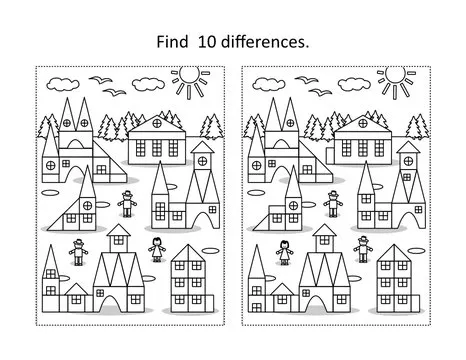Find 10 differences visual puzzle and coloring page with toy town scene