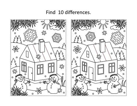 Find 10 differences visual puzzle and coloring page with cabin in winter with two snowmen