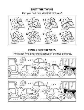 Activity sheet for kids with two visual puzzles, also can be used as coloring page, printable, fit Letter or A4 paper.