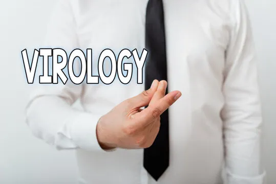 Text sign showing Virology. Business photo showcasing branch of science dealing with the variety of viral agents and disease Model with pointing hand finger symbolizing navigation progress growth