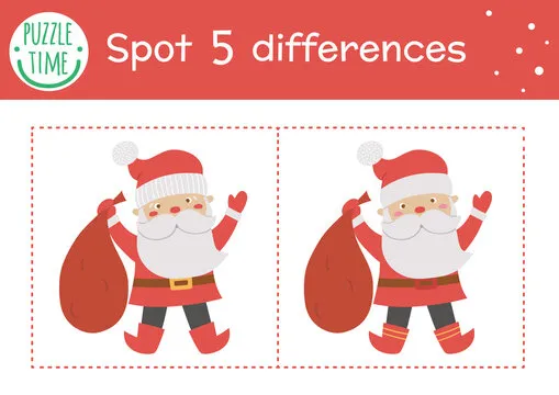 Christmas find differences game for children. Winter educational activity with funny Santa Claus. Printable worksheet with smiling character. Cute New Year puzzle for kids.