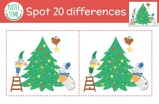 Christmas find differences game for children. Winter educational activity with funny animals decorating fir tree. Printable worksheet with smiling characters. Cute New Year puzzle for kids.