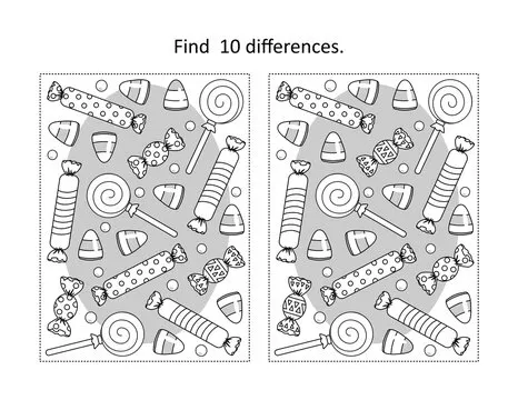 Find 10 differences visual puzzle and coloring page with Halloween candy