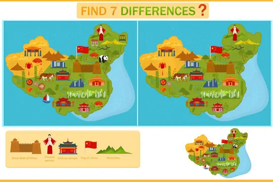 Find the difference on the China Map. Chinese traditional symbols and architecture. Child Game.