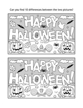 Find 10 differences visual puzzle and coloring page with "Happy Halloween!" greeting