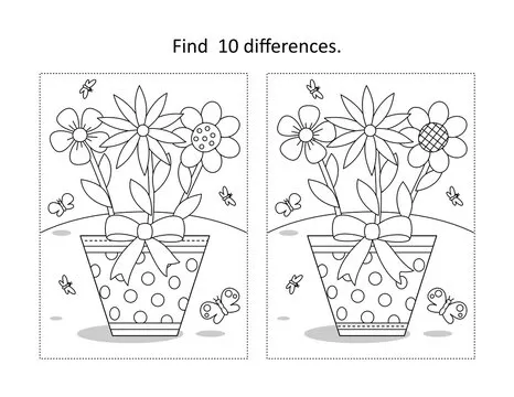 Find 10 differences visual puzzle and coloring page with three different flowers in one pot, butterflies and moths