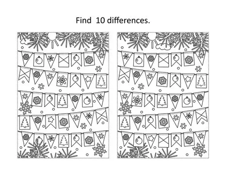 Find 10 differences visual puzzle and coloring page with winter holidays, New Year or Christmas bunting flags