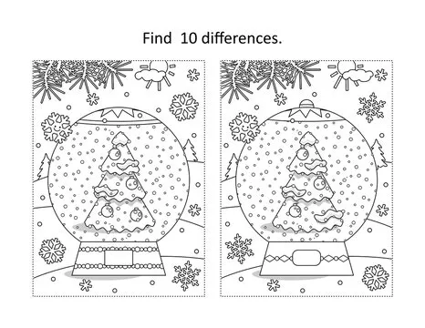 Find 10 differences visual puzzle and coloring page with winter holidays, New Year or Christmas snowglobe with christmas tree