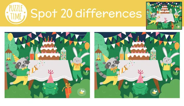 Birthday party find differences game for children. Holiday educational activity with funny animals in the night forest. Printable worksheet with smiling characters and cake. Cute celebration puzzle